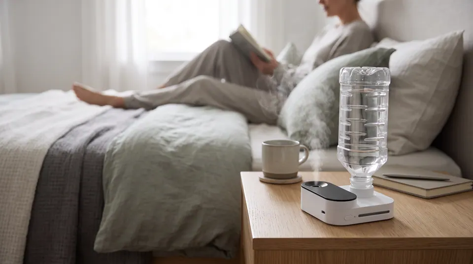 Portable bottle humidifier on a bedside table beside someone reading