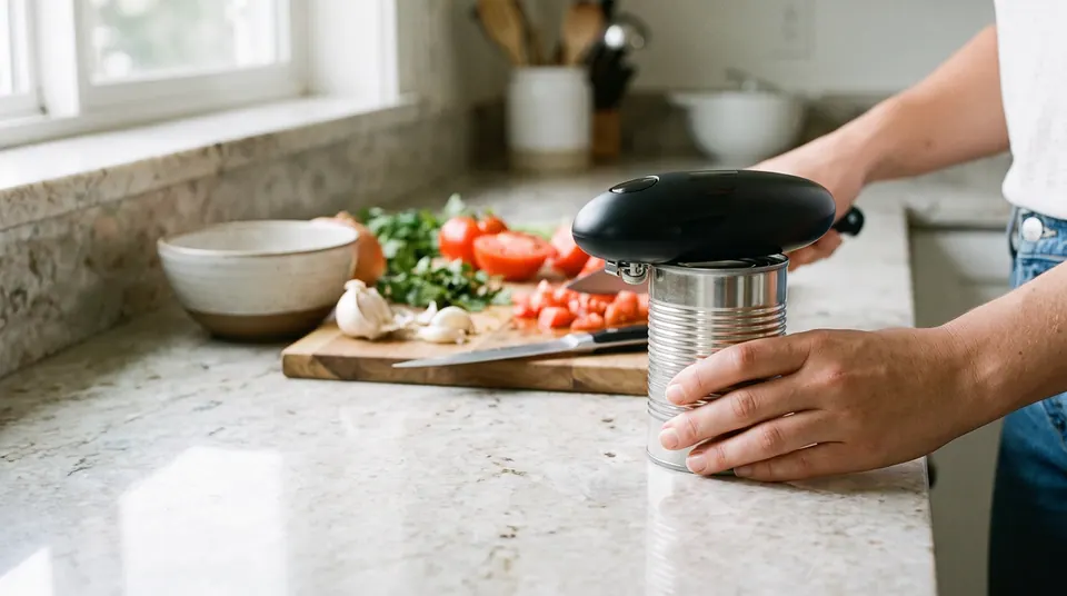 Black electric can opener opening a food tin in a bright kitchen